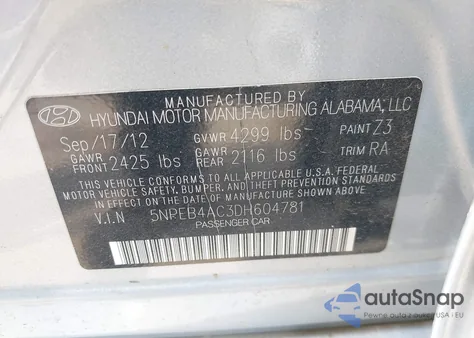2013 Hyundai Sonata Gls from USA, damaged, VIN 5NPEB4AC3DH604781
